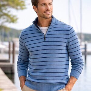 L.L.Bean Men Cotton 1/4 Zip Sweater Sz M Blue Black Striped Knit Mock Nock Pull
